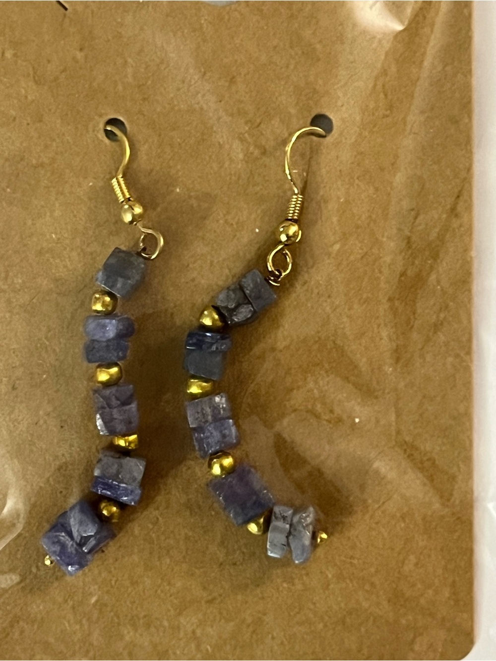 Gold and Indigo Cube Bead Drop Earrings — Unbranded